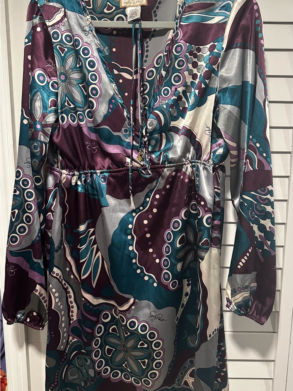 Baby Phat Teal, Plum & Silver Patterned V-Neck Tunic Dress